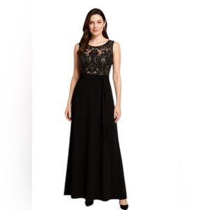 Sleeveless Black Lace Bodice Maxi Dress with Waist Sash